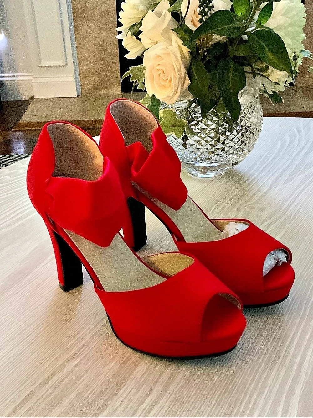 Red Satin Platform Heels Like New